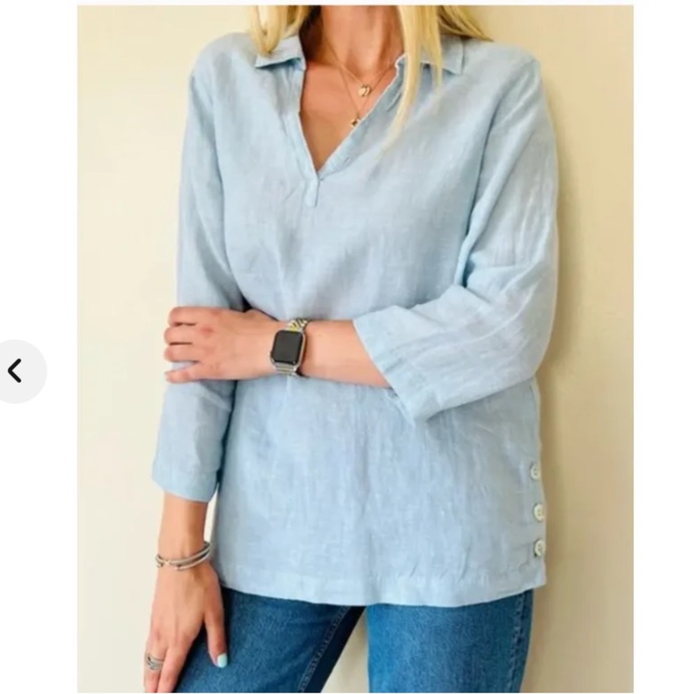 Tahari Women’s Light Blue 100% Linen Collared 3/4 Sleeve Tunic Blouse Medium